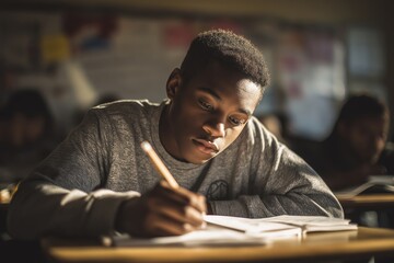 Focused african american teenage boy writing diligently in a classroom