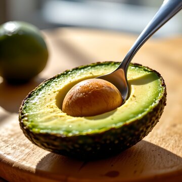 A vibrant close up of a ripe avocado half resting atop sunlit, dewy skin, with a sleek tablespoon inserted into the cavity, The position features warm