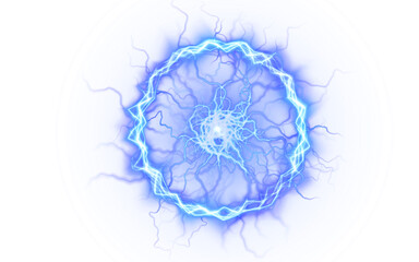 Electric blue energy burst illustration with intricate lightning patterns radiating outward, creating a dynamic visual effect, ideal for backgrounds and design projects with copy space