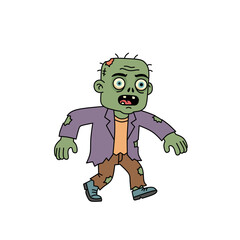 Cartoon vector illustration of a zombie monster walking with torn clothes, creepy undead character for Halloween, horror, or spooky design. Isolated on white background