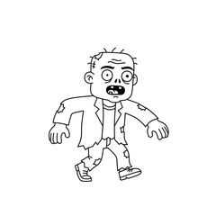 Black and white line art of a zombie monster walking with torn clothes, creepy undead character for Halloween, horror theme, or spooky illustration
