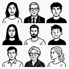 Diverse Black and White Line Art Portraits of People.