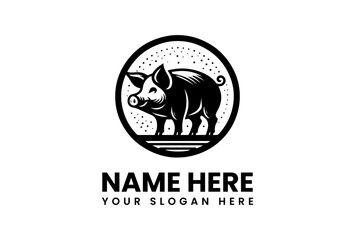 Detailed Black and White Pig Logo Inside a Circular Frame.