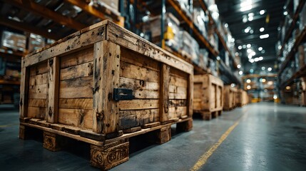 Interior shot of a clean, well-organized warehouse, focusing on stacks of large wooden shipping crates on pallets ready for transport.