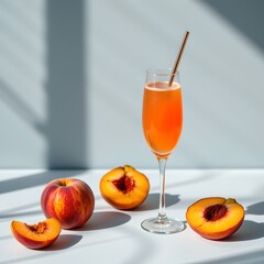 Fototapeta premium A vibrant still life of a shimmering champagne flute filled with a bright orange cocktail, garnished with a metallic straw, set against a minimalist background