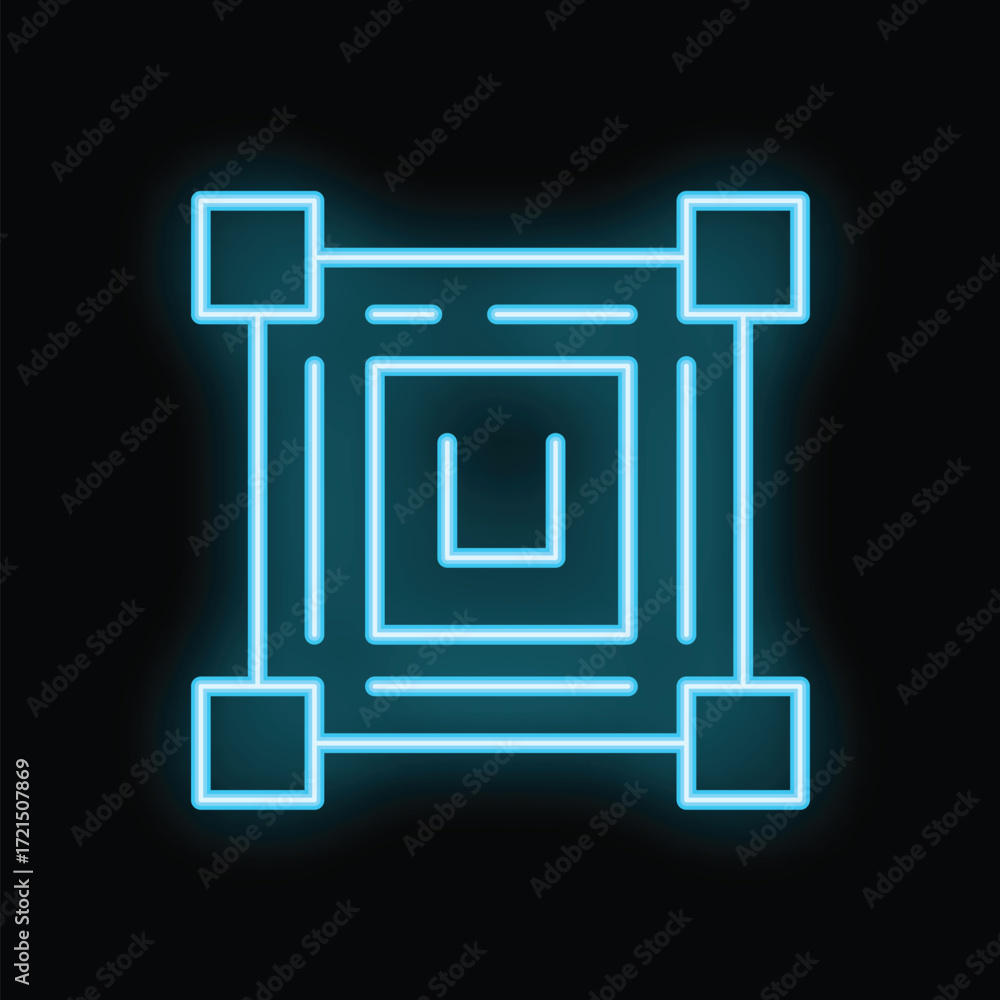 Poster glowing neon line icon of augmented reality application interface element, isolated on a black backg