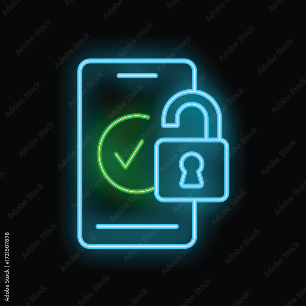 Poster neon icon representing cyber security or successful phone unlocking with a glowing padlock and check