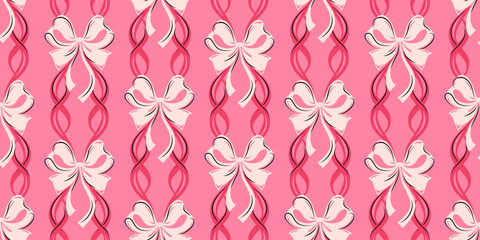 Pink ribbon seamless pattern with white bows and twisting ribbons. Perfect for gift wrap, party decor, textiles, and feminine design. Vibrant, cheerful, and decorative with a playful, festive vibe