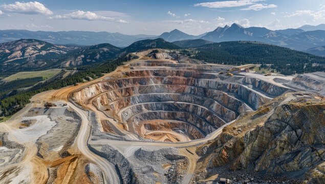 An aerial view of a large, open-pit mine nestled in a mountainous region.  The concentric rings of the excavation are clearly visible, along with mining equipment and access roads