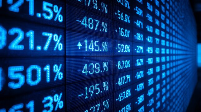 A dynamic, close-up, and highly detailed perspective shot of a digital stock market ticker or financial data screen. The image is dominated by a deep, intense blue color palette, giving a futuristic.