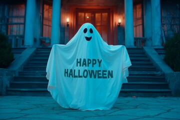 Ghost costume with happy Halloween text in front of house