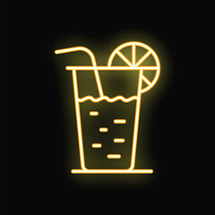 Yellow neon sign showing a cocktail with a straw and lemon slice, isolated on a black background