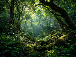 Fototapeta premium Sunlight Through Dense Emerald Forest