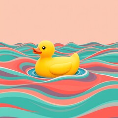 A cheerful yellow rubber duck floating on a vibrant surface of swirling teal and coral colored waves, with a bright pastel sky in the background
