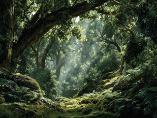 Fototapeta premium Sunlight Through Dense Emerald Forest