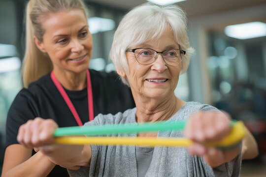 Senior woman exercising with a resistance band assisted by her trainer - Powered by Adobe