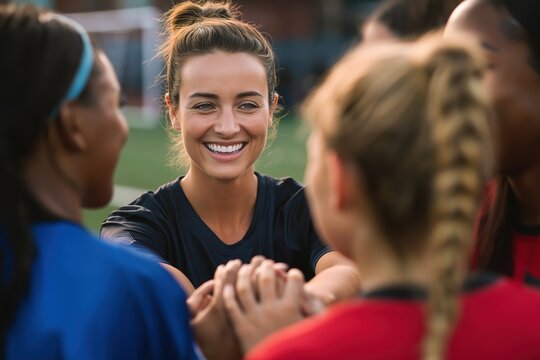 Female soccer coach motivating her team of young players in a huddle