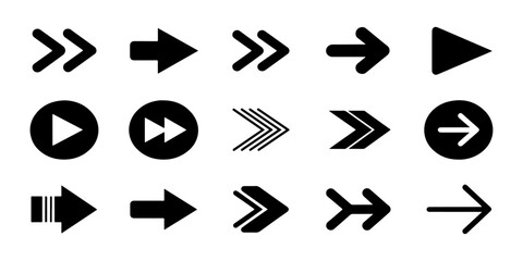 Set of bold black arrow icons pointing right, Chevron and Solid Arrow Collection, Direction Symbols, Arrow Cursor. Different arrow collection. Vector illustration.