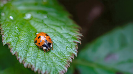 Obraz premium detailed macro shot of a single ladybug resting on a fresh green leaf, with dew or water droplets visible on blurred background emphasizes delicate beauty of this small beetle in its natural habitat.