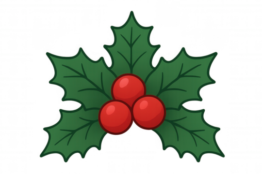 Holly plant illustration featuring green leaves and red berries, symbolizing festive christmas decoration on a transparent background