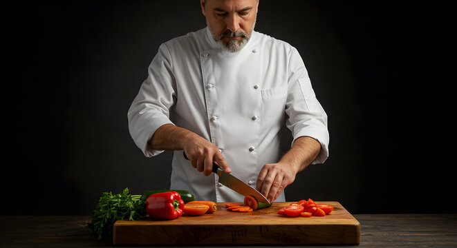 Chef chopping fresh vegetables on a wooden cutting board. - Powered by Adobe