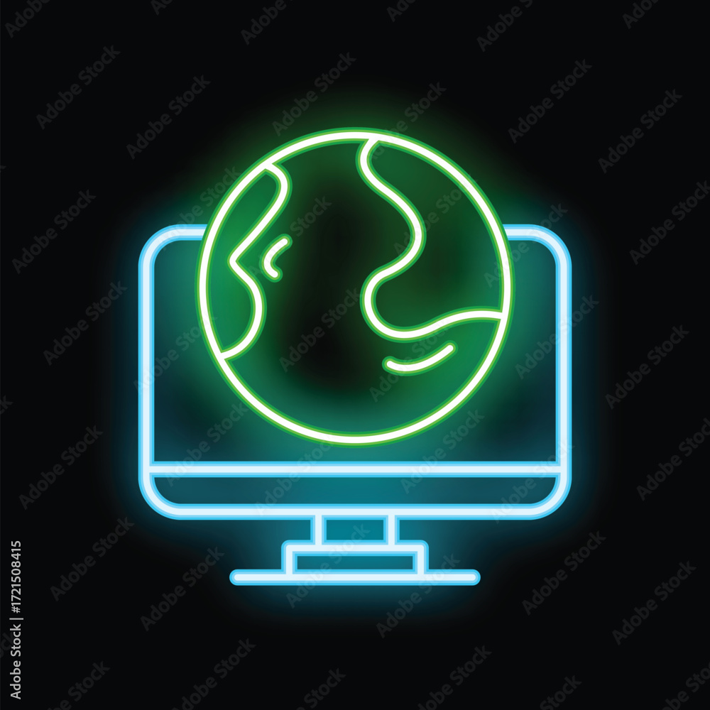 Aufkleber neon sign of a computer showing planet earth, representing global communication and internet connect