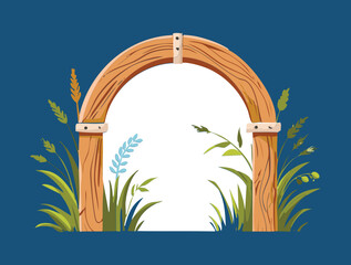 Rustic Wooden Archway with Tall Grass and Wild Herbs, Cottagecore Style

