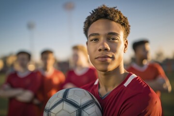 Confident young male soccer player holding a ball with his team in the background