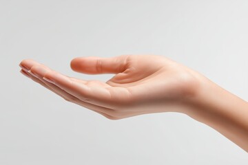 Woman's cupped hand held open on a plain light gray background