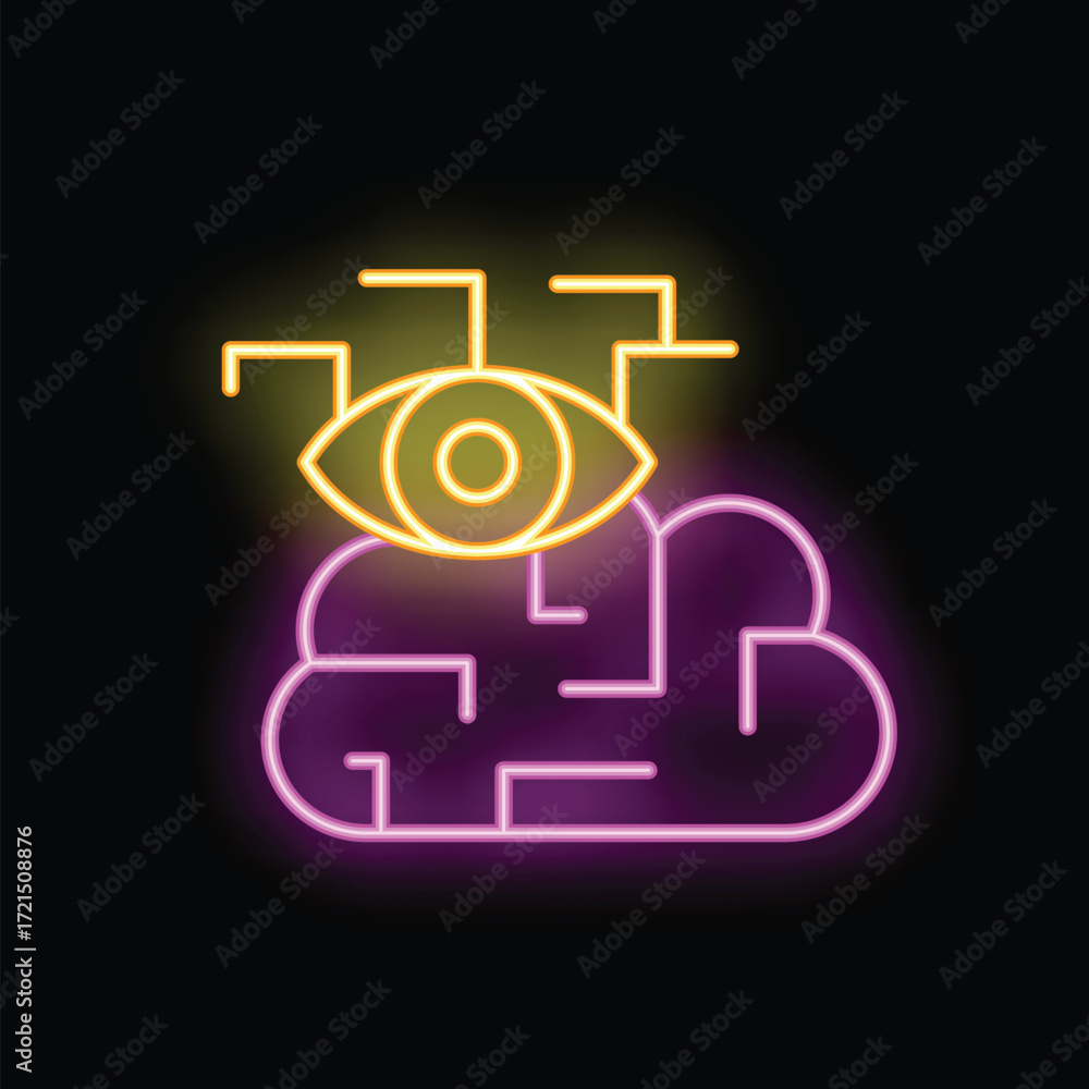 Poster neon sign of an eye watching a human brain, representing the concepts of artificial intelligence and