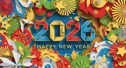 Fototapeta premium Festive Happy New Year 2026 Celebration with Colorful Paper Decorations