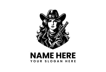 Fierce Cowgirl Holding Revolver Wearing Hat and Jacket Bold Graphic Design.