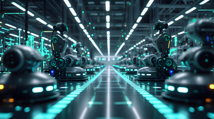 High-tech industrial automation visualization showing holographic machines in futuristic smart production facility