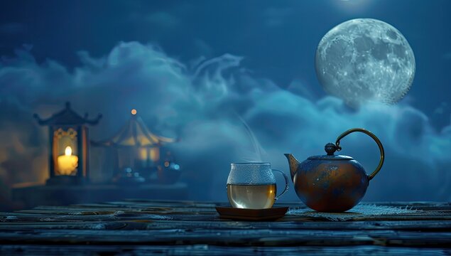 A serene night scene featuring a copper teapot and glass of tea, set on a wooden surface before a moonlit backdrop with misty clouds and traditional Asian-style structures