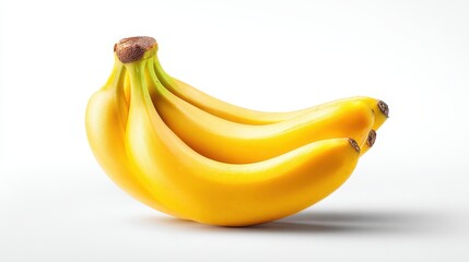 Close up of a bunch of ripe yellow bananas on a clean white background. Bright, even lighting.
