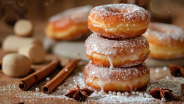Three glazed donuts stacked, drizzled icing, powdered sugar, alongside cinnamon sticks, star anise, and pearl sprinkles on a rustic surface