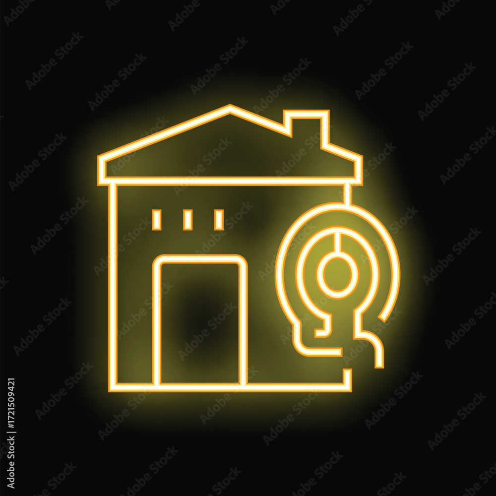 Poster glowing yellow neon icon of a smart home monitoring system connected to the internet of things netwo
