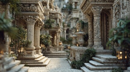 Obraz premium Ancient stone architecture with ornate carvings and weathered textures revealing passage of time