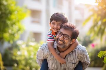 Happy Indian father giving his young son a piggyback ride outdoors