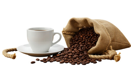 Freshly roasted coffee beans spilling from a burlap sack with a cup on transparent background