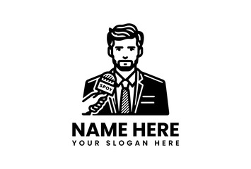 Interviewer with Microphone and Interviewee in Black and White Graphic.