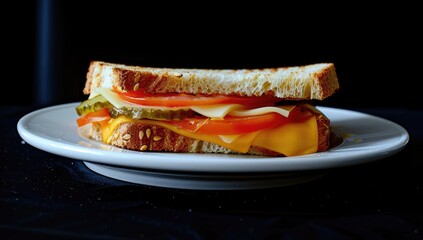 A grilled cheese sandwich with tomato and pickle slices, served on a white plate against a dark background. The cheese is melted and oozing slightly