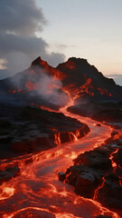 Molten lava flowing down a rugged volcano slope, glowing red heat illuminating black rocks