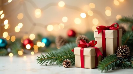 Christmas Gift Boxes with Tree, Pinecones & Confetti – Cozy Holiday Celebration Scene
