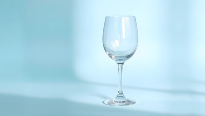 Obraz premium A transparent empty wine glass isolated on pastel blue background with clean studio reflections