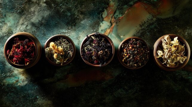 A feast for the senses: Aromatic dried herbs and spices arranged on a dark marble slab, softly lit from above.