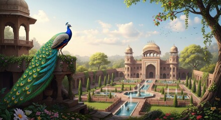 Majestic Peacock Sitting on Balcony Overlooking Palace Garden in Sunny Day