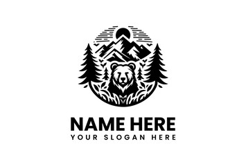 Majestic Bear Emblem with Mountain Peaks Evergreen Trees and Rising Sun.