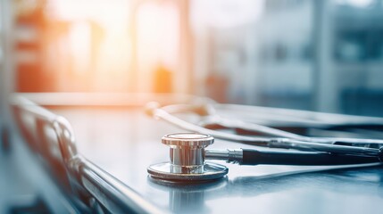 Close-up of a Stethoscope on a Steel Table in a Modern Hospital
