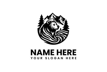 Majestic Bear Logo Design with Mountain and Forest Scene.